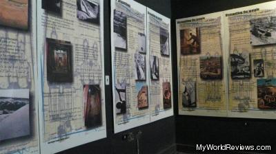 A museum room with informational displays
