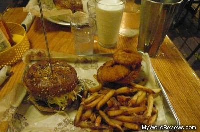 Original Bare Burger with Onion Rings and Fries and a Vanilla Milkshake