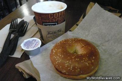 Bagel with cream cheese and cappuccino