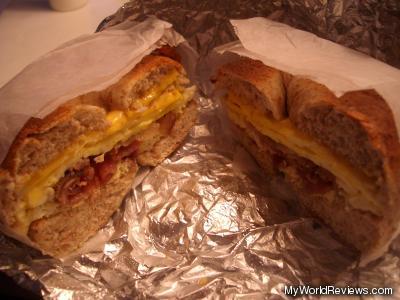 Eggs, Cheese, and Bacon on a Toasted Whole Wheat Bagel