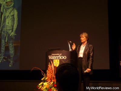 Dr. Roberta Bondar speaking at the University of Waterloo's Humanities Theater