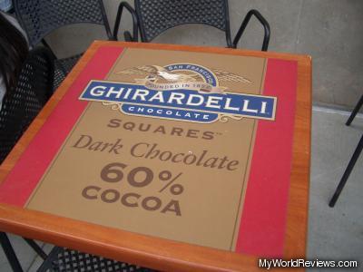 An outdoor table shaped like a Ghirardelli chocoalte