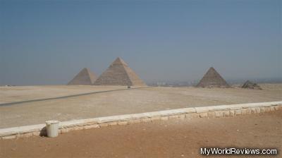 The three pyramids of Giza from a nearby lookout plateau