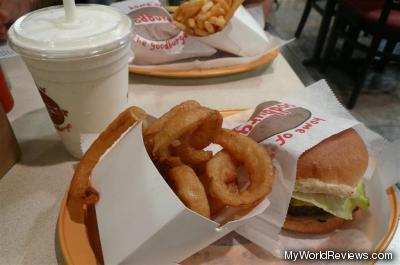 Burger, Onion Rings, and Milkshake