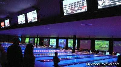 Inside Lucky Strike Bowling - notice the widescreen TVs above each lane