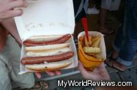 Two hotdogs and fries