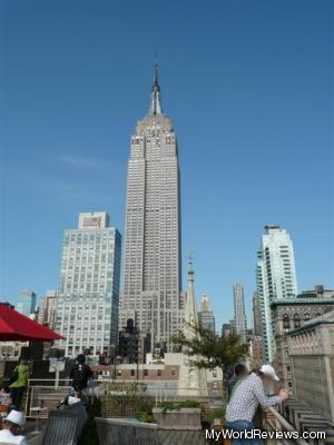 The rooftop patio with a view of the Empire State Building