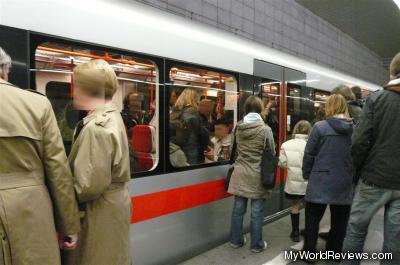 A subway car from the platform