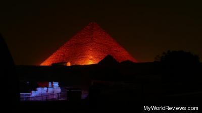 The great pyramid lit up in red