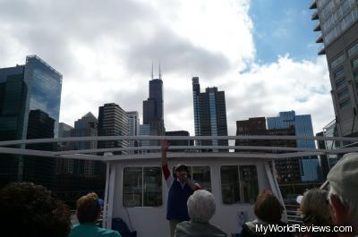 A view of the Sears Tower and our guide from the tourboat