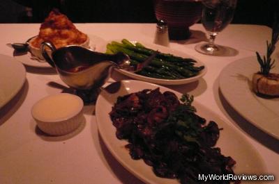 Sides: Sauteed Asparagas, Potatoes Romanoff, and Sauteed Wild Mushrooms