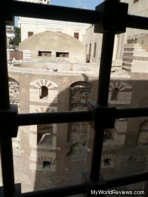 Through the windows in the church you can see the old fortress