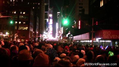 Times Square and surrounding streets full of people ready to bring in the new year