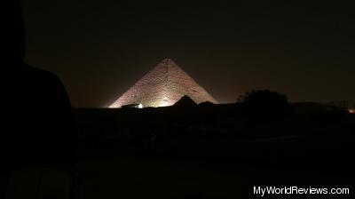 The pyramids were illuminated in different colors during the show.  This is the Great Pyramid in white.